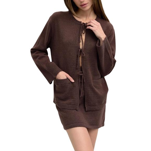 NEW MOD REF knit sweater tie front cardigan in chestnut - Picture 1 of 5